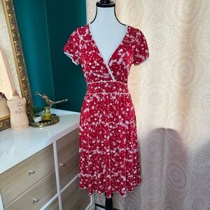 Ruby Rox Red White Floral Retro Wrap Style A-Line Dress Pinup Rockabilly Size M